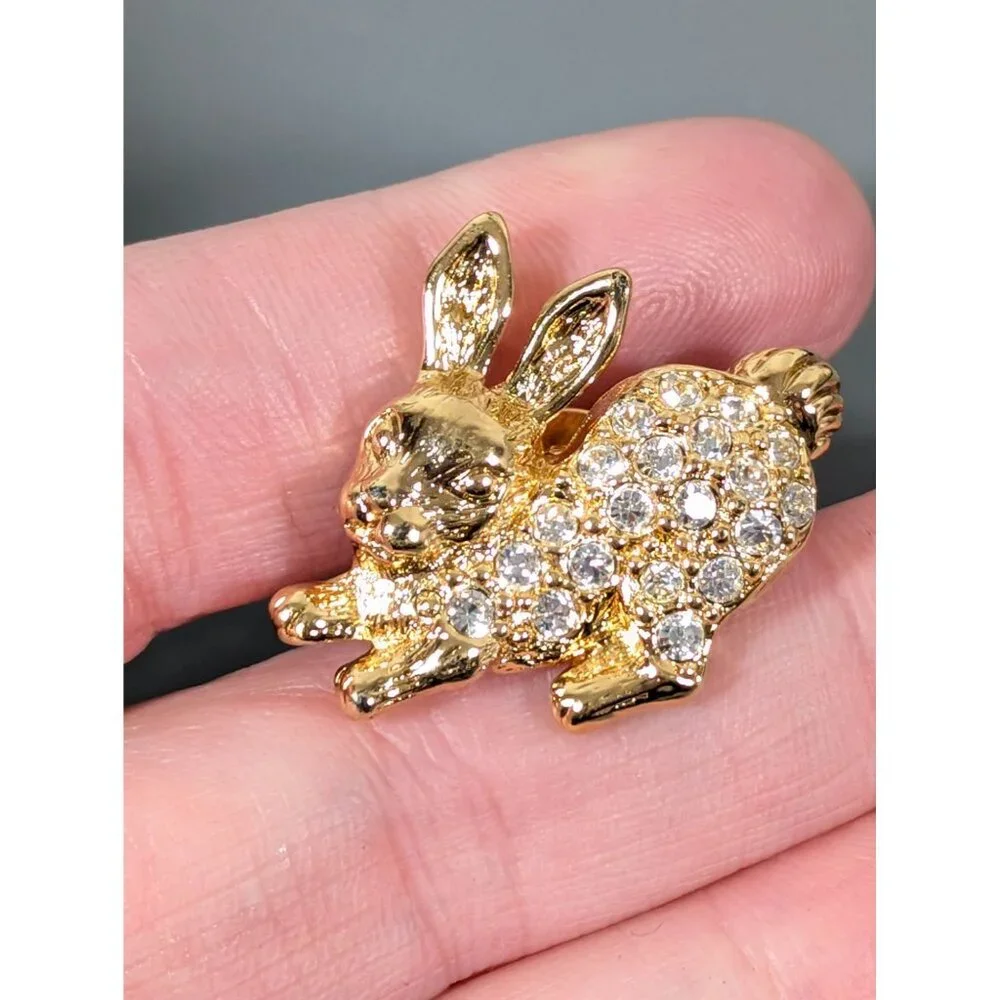 Vintage Avon Gold Tone‎ Bunny Rabbit Rhinestone Pave Tack Pin Brooch